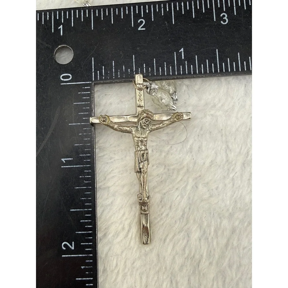 Vintage Italy Rosary Clear Faceted Plastic Beads Silver Tone Sacred Heart READ